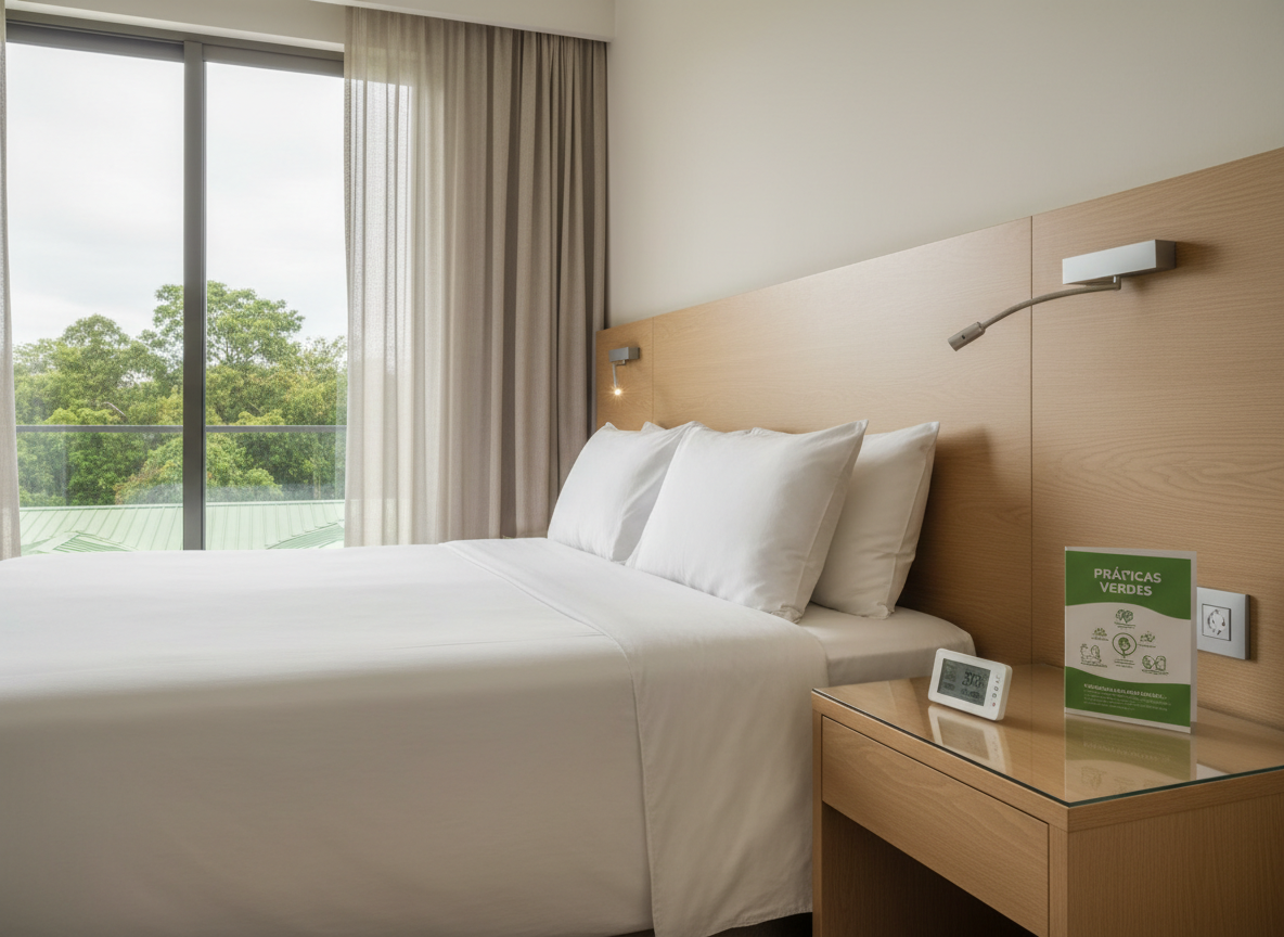 Um quarto de hotel elegante e sustentável em fotografia realista, com cama queen de roupa branca impecável, cabeceira em madeira clara certificada e luminárias de leitura LED embutidas, discretas e eficientes. Ao lado da cama, uma pequena mesa com folheto minimalista explicando práticas verdes, ao lado de um termostato digital moderno configurado para economia de energia. Cortinas leves em tecido natural filtram a luz suave da manhã que entra por uma grande janela com vista para árvores e telhados verdes. O clima é calmo e sofisticado, em tons neutros com toques de verde. Composição em ângulo de canto do quarto, foco nítido, estética clean e contemporânea, comunicando conforto aliado à responsabilidade ambiental, sem presença humana.